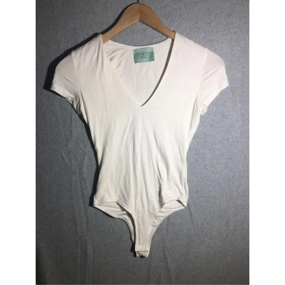 Womens Judith March Bodysuit White V Neck Cap Sleeve Basic Closet Staple